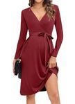 tiorhooe Women Maternity Nursing Dress Long Sleeve V-Neck Pregnancy Dress Tie Waist Maternity Midi Dress