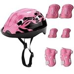 Kids Bike Helmet Protective Gear Set 7pcs Skating Protective Gear Kit with Knee Pads Elbow Pads Wrist Guards Skating Helmet for Boys Girls Scooter Cycling Roller Skating Skateboarding (Pink)