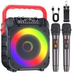 Karaoke Machine with Two Wireless Microphones, Portable Karaoke Machine for Adults & Kids, Portable Bluetooth Speaker with PA System, LED Lights, Supports TF Card/USB, AUX in, FM, USB,TWS (Red)…