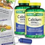 ChoiceBundle Spring Valley Calcium Plus Vitamin D Tablets Dietary Supplement 600 mg 250 Ct 2 pk Choice Bundle (500 Total) + “Vitamin Vitality” Guide & Pill Container (4 Items)!