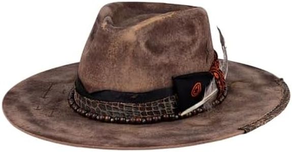 Vintage Wide Brim Fedora Hats 100% Wool Stiff Felt Hat Panama Rancher Hat with Lightning Logo Handmade Distressed/Burned