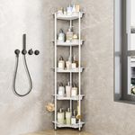 SWTYMIKI Corner Shower Caddy Organizer - 5 Tier Floor Standing Shower Organizer with 4 Hooks, Plastic Metal Splicing Rustproof Corner Shower Shelf Storage Rack for Bathroom, Bathtub, White