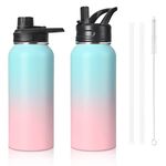 Insulated Water Bottle, 32oz Vacuum Stainless Steel Metal Sports Water Bottles with Stickers, Straw & Spout Lid (2 Lids), Double Walled to Keeps Hot and Cold, Leak Proof, BPA-Free, 32oz (Pink)