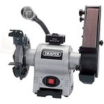 Draper 370W Bench Grinder and Sanding Belt | Powerful Motor Tool Sharpener | Integrated Worklight | Adjustable Eye Shield and Dust Extractor | 05096