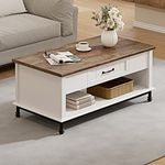 WAMPAT Farmhouse White Coffee Table, Large Rectangle Vintage Center Table with 1 Sliding Drawer and Open Storage Shelf for Living Room, 42", Cream White/Oak, Wood Body/Metal Legs