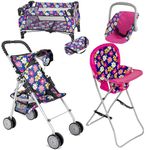 fash n kolor 4 Piece Baby Doll Play Set Flower Design Includes - Foldable Pack N Play, Doll Stroller, Doll High Chair, Infant Seat, (Flower)