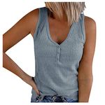 BUKINIE Summer Tank Tops for Women Waffle Knit Tunic Tops V Neck Henley Sleeveless Button Up Shirts Loose Blouses Vests Casual Daily Shirts Blue