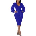 BOGURST Semi Formal Church Dresses for Women Bishop Sleeve Sexy V Neck Bodycon Midi Dresses, Ch Blue, Medium