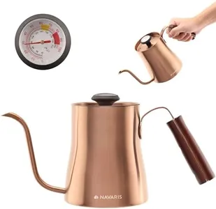 Navaris 33.8 oz (1 fl L) Gooseneck Kettle for Stove Top Burners - Stainless Steel Kettle with Pour Over Spout for Coffee or Water - with Thermometer - Copper