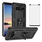 Phone Case for Samsung Galaxy Note 8 with Tempered Glass Screen Protector Cover Magnetic Stand Ring Holder Accessories Heavy Duty Rugged Protective Shockproof Glaxay Note8 Not Galaxies Gaxaly Black