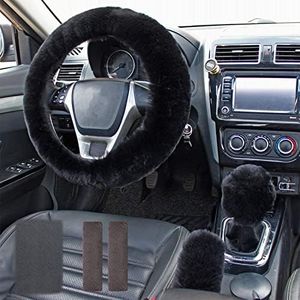 Faux Wool Steering Wheel Cover, Universal Fit 15" Winter Steer Wheel Cover, 6Pcs in 1 Set, Plush Handbrake Cover, Gear Shift Cover, Seat Belt Shoulder Pads, Console Mats, Full Fluffy Cover