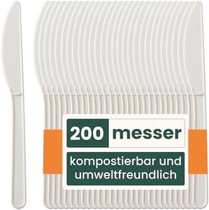 HAAGO 200 PLA Messer Besteck aus Bioplastik - Biologisch Abbaubar (Weiß, 17,7 cm) - Umweltfreundliches Mehrwegbesteck für Party, Garten & Hochzeit