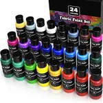 Permanent Fabric Paint Kit, 24 Colors, Medium Acrylic Set, for Clothes, Upholstery, Outdoor Cushions, Shoes, Includes Metallic Gold, White, Red, Yellow, Orange, Pink