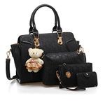 MORGLOVE Women PU Leather Handbag Top Handle Bag Messenger Bag Shoulder Bag Tote Bag Card Purse Black （4 Pcs Set）