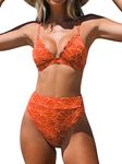 CUPSHE Bikini Set for Women Bathing Suit High Waisted Scalloped V Neck Two Pieces Swimsuit, Coral Orange, Medium