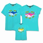 Bouncy Toonz Family T Shirts for 4 Combo Dress Set Mom Dad Son Daughter Regular Fit Cotton Printed Half Sleeve Twinning Clothes for Mother Father Kids Child Family Pack- (Shark-Aqua blue-4pcs)