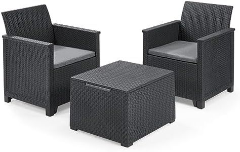 Keter Emma Balcony Set - Mobile da esterno composto da due poltrone con cuscini e tavolino contenitore, grafite
