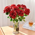 12pcs Artificial Flowers Faux Rose Bouquets Fake Flower 38cm for Wedding Halloween Home Party Decoratio Red Affectionateness