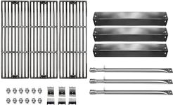 Hongso Grill Parts for Chargriller 5050, 3001, 3008, 3030, 4000, 2121, King Griller 3008, 5252, Cast Iron Grill Grates Heat Plates Burners and Hanger Brackets Included, Repair Kit