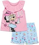 Disney Minnie Mouse Rainbow Floral July 4th T-Shirt and Twill Shorts Outfit Set Infant to Big Kid, Pink/Blue, 2 Years