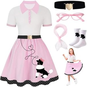 PARTTELY Poodle Skirt, 50s Outfit for Girls, 5PC 1950's Sock Hop Costume with Glasses,Waistband,Scarf and Sock for Halloween
