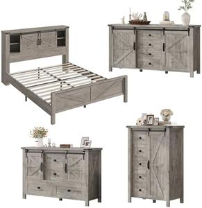 AMERLIFE 4 Pieces Farmhouse Bedroom Set, Includes Queen Size Bookcase Headboard Bed Frame, 5 Drawer Tall Dresser, 47'' Dresser with 4 Drawers, 60" Dresser with 4 Drawers, Light Rustic Oak