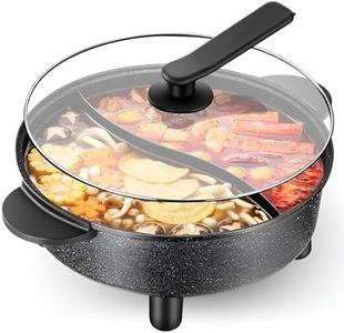 Electric Hot Pot, 5L Home Maifan Stone Non-Stick Electric Wok & Cooker, Twin-Compartment Hot Pot for 3-4 People, 5 Temperature Settings, for Hot Pot, Fondue, and Shabu-Shabu, Easy to Clean, Black