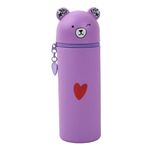 Cute Bear Style Large Stand Up Pencil Case, Silicone Pouches Big Capacity Pencil Case, Cup Pencil Case in Soft Silicone, Animal Pencil Pouch Holder for Kids Students Adults School Office (Purple)