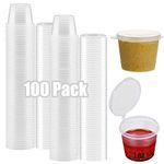 100 * 1oz Round Food Container Pots with Lids, Sauce Pots Reusable Jelly Shot Cups Clear Small Deli Pot Restaurants Takeaways Containers for Small Dips Chutney Ketchup Salads-25ml