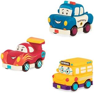 B. toys- Mini Wheeee-ls!- 3 pc Mini Pull-Back Vehicles Set, Bus & Cars, Multi, Hot Rod, School Bus, Police Car- 1 year +