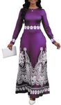 SperLucky Maxi Dresses for Women Long Sleeve Dress Casual Round Neck Floral Print Loose Party Dress, 0purple11506, XX-Large