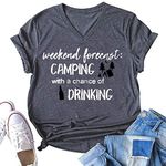 Weekend Forecast Camping with a Chance of Drinking T-Shirt for Women Cute Graphic Short Sleeve Funny Letter Print Tee Tops (Grey, L)