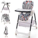 Maxmass Folding Baby Highchair, Convertible Infant Feeding Chair with Double Removable Tray, 5-Point Harness & Wheels, Adjustable High Chair for 6-36 Months (White w/Geometric Pattern)