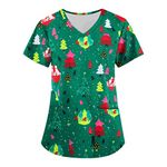 Womens Christmas Scrubs Tops Short Sleeve V Neck Tunic Cartoon Lightweight Beauty Uniform Comfy Work Casual Blouse Holiday Healthcare Work Shirt UK