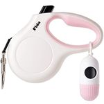 Fida Retractable Dog Leash for Small Breed up to 26 lbs, 16 ft Pet Walking Leash with Dispenser and Poop Bags, Anti-Slip Handle, Reflective Strong Nylon Tape, One-Handed Brake (S, White & Pink)