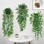 ARIATI Set of 3 Decorative Artificial Hanging Plants with Pots Fejka Artificial Plant Eucalyptus Fake Vine Hanging Leaves Decorative Home Garden Shelf Wall Decoration