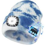 Mens Gifts Ideas Bluetooth Beanie Hats with Light, LED Hat Warm Knitted Beanie Headlamp USB Rechargeable Camping Gadgets Music Hat,Tie Dye Blue