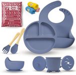 Mamarama 11 Piece Silicone Baby Feeding Set, Complete Mealtime Essentials, Includes Suction Bowl, Plate, Cup with Straw & Snack Lid, Fork, Spoon, Bib, and 3 Napkins For Babies and Toddlers (Dark Blue)