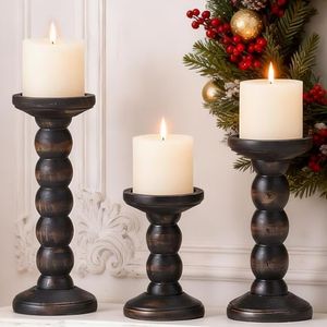 HuiDao Solid Wood Candle Holder, 3Pcs Rustic Black Candle Holders for Pillar Candles, Decorative Candle Holders Distressed Wooden Farmhouse Candle Holder Large for Fireplace Table