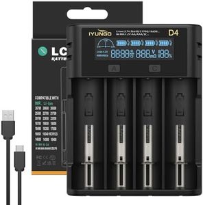 18650 Caricabatterie, Caricabatterie con 4 Slots, schermo LCD, Certificazione CE, Spegnimento automatico, Compatibile Ni-MH, Ni-Cd, AA, AAA, 21700, 26650, 14650, 16340, 18350, RCR123 (Nero)