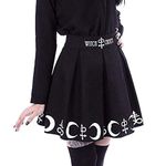 Gothic Punk Mini Skirt for Women, Miss Fortan Ladies Elastic High Waist Pleated Witchcraft Moon Magic Spell Symbols Print Adult Short Skirt Black