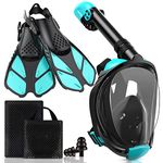 Viginsul Snorkel Set for Adults, Full Face Snorkel Mask and Adjustable Swim Fins, Panoramic View Snorkeling Mask with Dry Top System & Gear Bag, Anti-Leak Anti-Fog (Green, S/M mask+S/M fins)