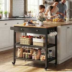 Gizoon Kitchen Island Cart with Storage, 40’’ Wooden Top, 2 Tiers Spacious Shelves and Towel Bar, 2 Drawer Mobile Trolley Cart On Metal Wheels with Hooks for Dining Room, Bar, Outdoor, Black