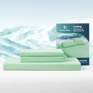 Dream Valley® Queen Size Cooling Fitted Sheet with 2 Pillowcases, Q-Max > 0.4 Aerocool™ 3 PCS with No Flat Sheet, Cooling for Night Sweats, Hot Sleepers, Mint Macaron