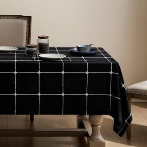 ZeeMart Grid Embroidered Hemmed Tablecloths, Black 60x84 Inch, Farmhouse Style Heavy Weight Cotton Linen Black Tablecloths, Boho Plaid Water Resistant Rectangle Table Cloth