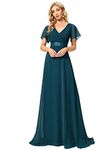 Ever-Pretty Women's Double V-Neck Short Flutter Sleeves Empire Waist Elegant Chiffon Long Plus Size Evening Dresses Teal 18UK