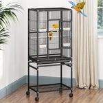 DWVO 53.9-Inch Metal Bird Cage: Large Parrot Cages with Seed Catcher & Cover - Rolling Stand with Brakes for Parakeets, Lovebirds, Cockatiels, Finches and Pigeons, Black