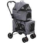 PawHut 3-in-1 Double Pet Stroller for Small Miniature Dogs Cats with Removable Carrier, Foldable Travel Carrier Bag, Car Seat, Grey