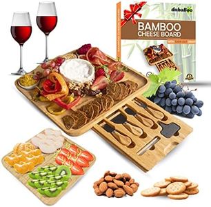 Cheese Board Natural Bamboo Platter with Knife and Forks Set with Ceramic Bowls dubaBoo Charcuterie Platter and Serving Meat, Cheese Board with Slide Out Drawer for Any Occasion.