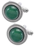 Jonwo Natural Green Aventurine Stone Cufflinks for Men In Gift Box Round Green Palm Gemstone Men Cufflinks for Wedding Dress Shirt Party Birthday Anniversary Dress (Silver)